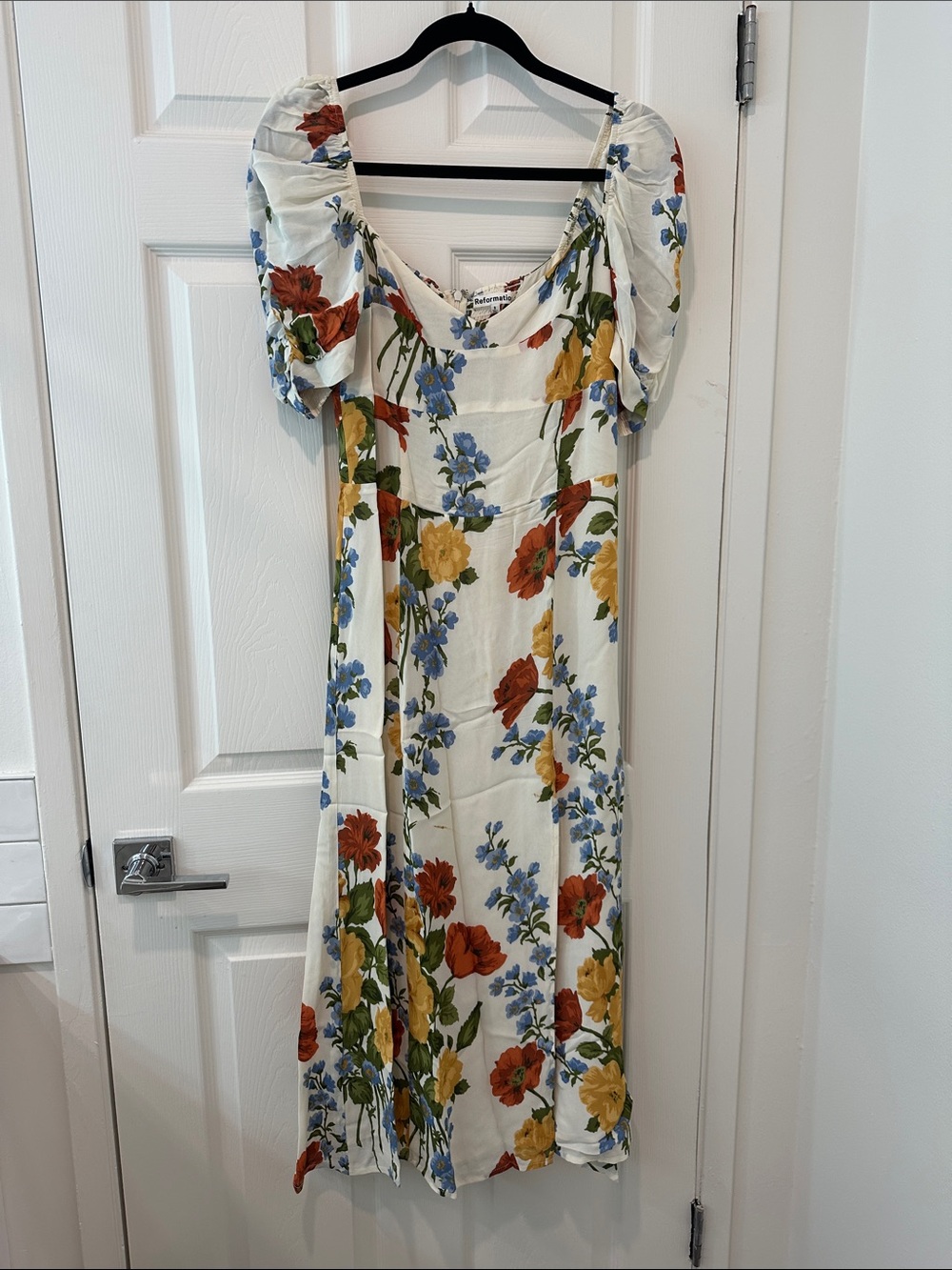 Reformation Cream Floral Midi Dress with Red, Yellow & Blue Flowers